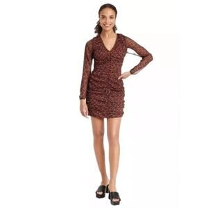 A New Day Women's Long Sleeve Bodycon Dress Ruched Front Brown Geo Print Size M